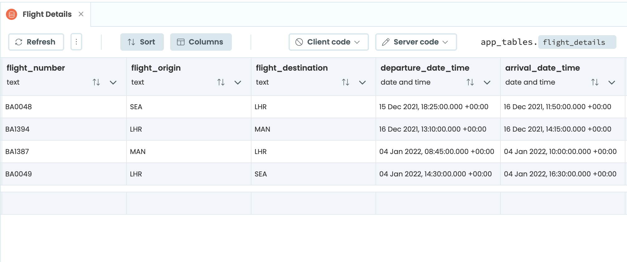 Flight details saved to the data table