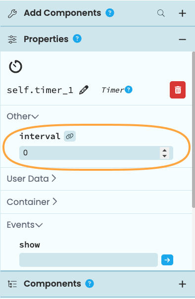 Setting the Timer interval
from the Properties Panel