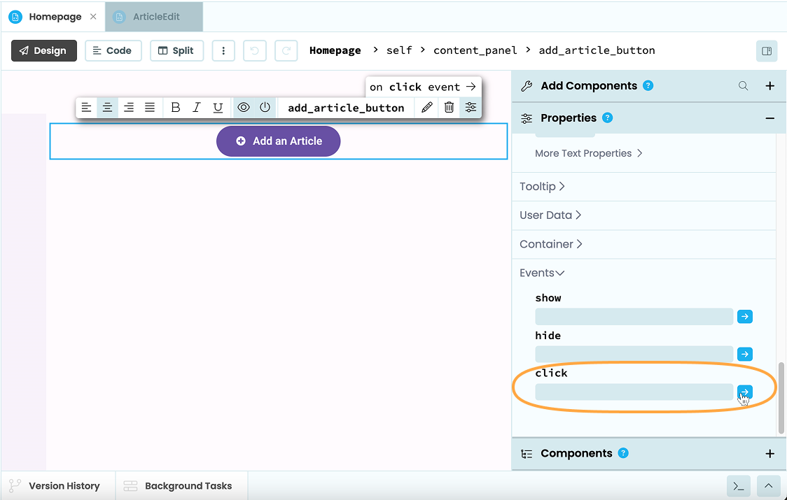 Adding a click handler to the 'Add an article' Button from the Properties pane.