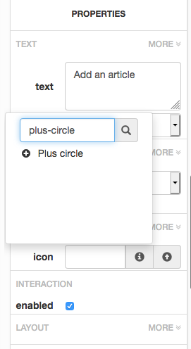 The Properties panel with 'plus-circle' in the 'icon' property.