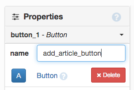 The Properties panel with 'add_article_button' in the 'name' property.