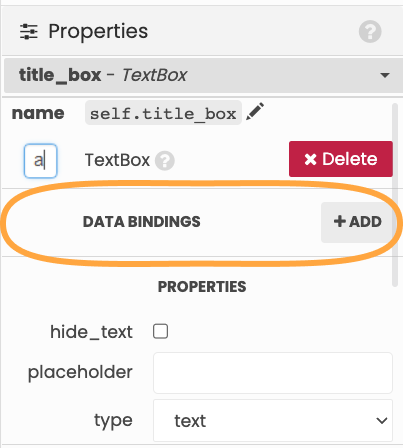 An empty Data Bindings list near the top of the Properties Panel.