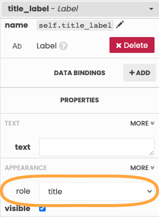 Applying the 'title' role to the 'title_label' in the 'appearance' section of the Properties Panel
