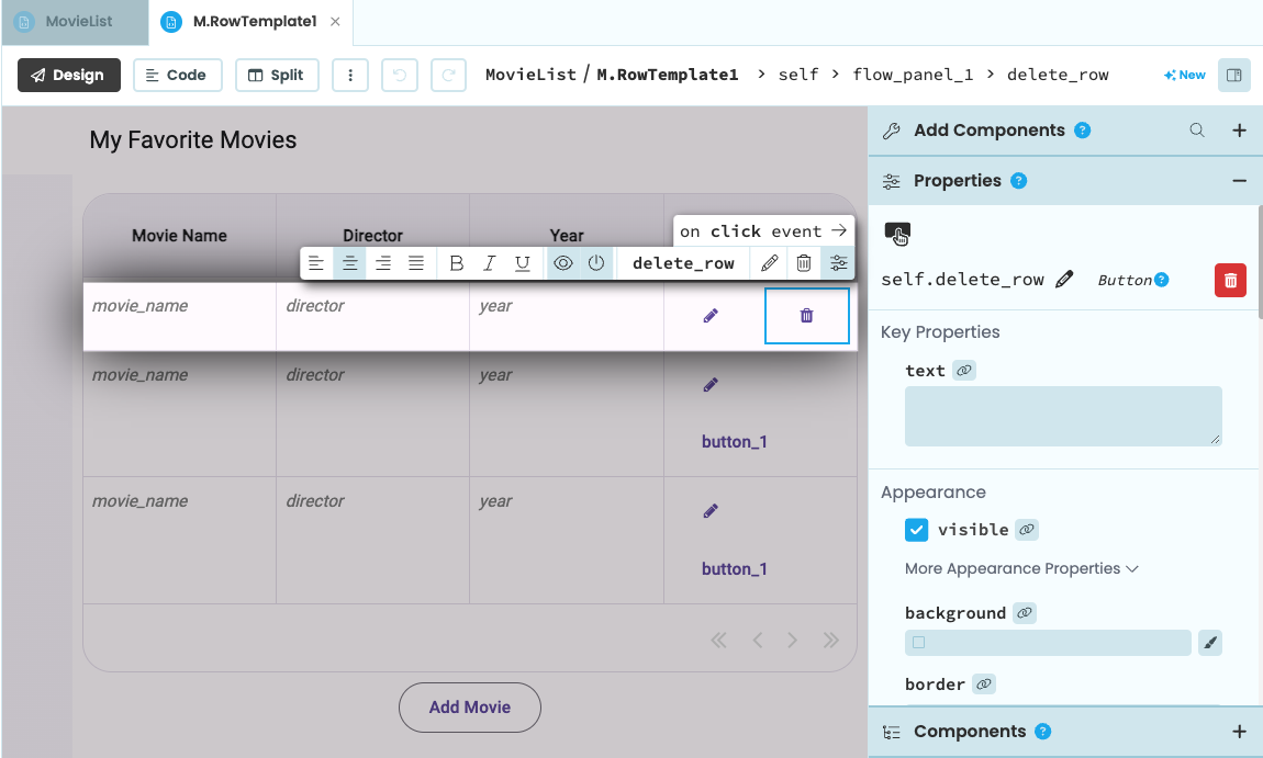 Screenshot of the Data Grid UI with the delete Button selected