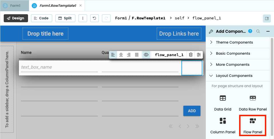 Adding a flow panel to the last column of our Data Grid.