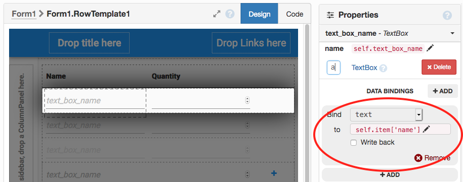 Data Binding for ’name’ TextBox