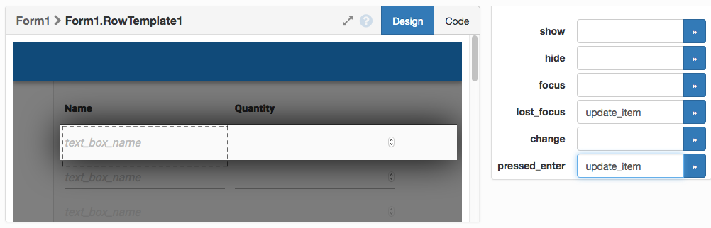 Bind the update_item method to the lost_focus and pressed_enter events by entering the method name in the boxes