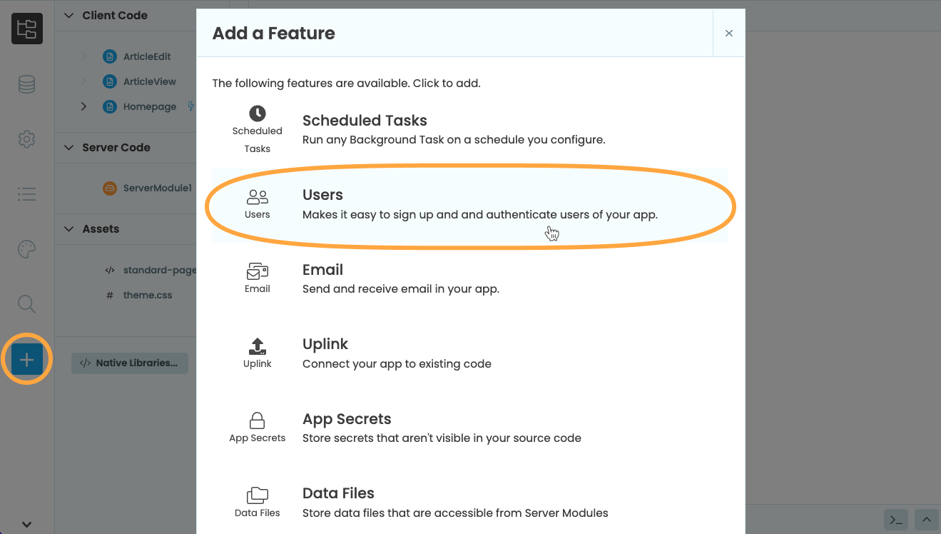 Screenshot of the Anvil Editor with the blue plus button and Users service option highlighted