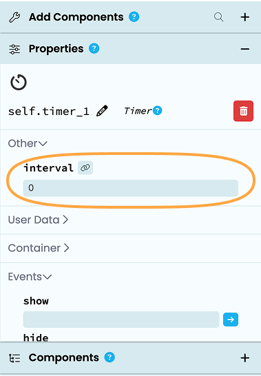 Screenshot of the Properties Panel with the interval property set to 0