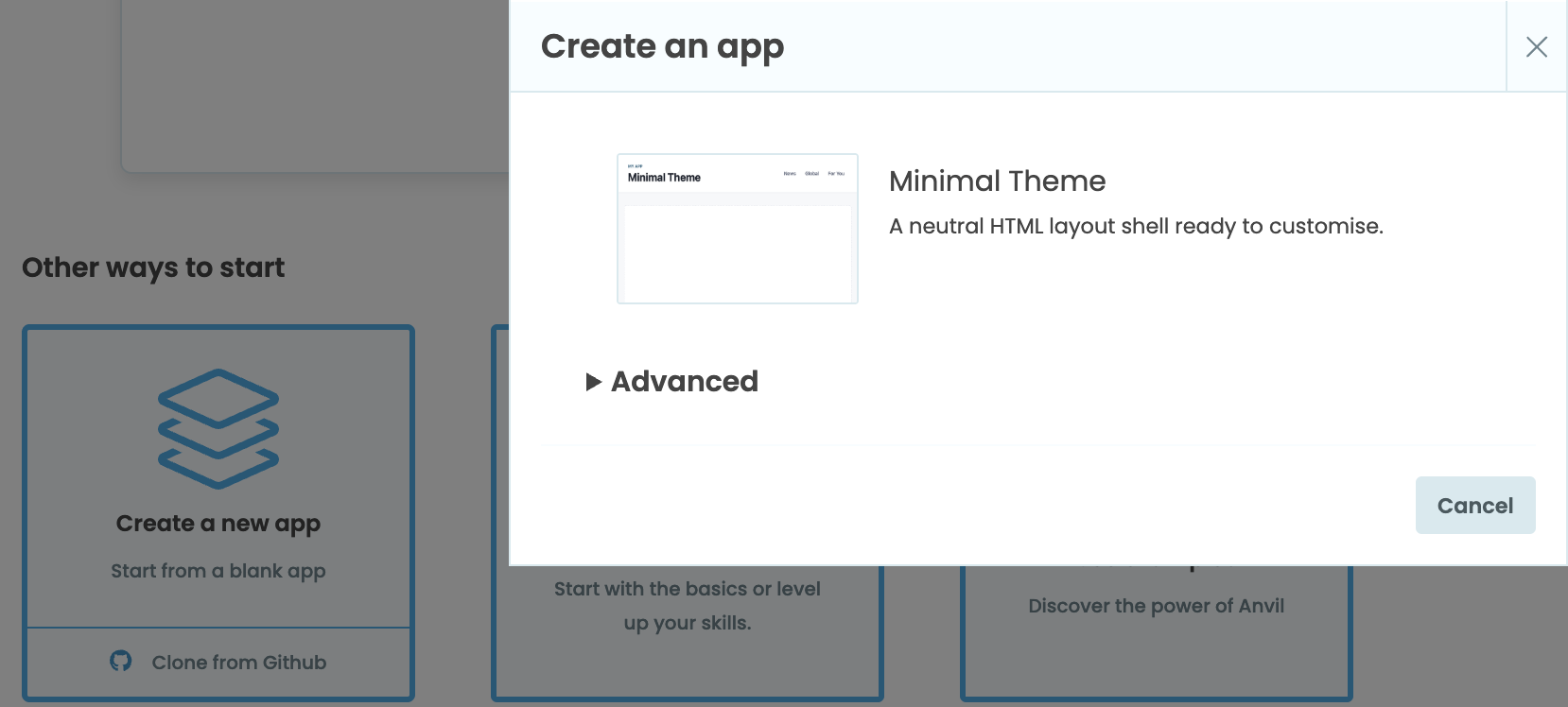 The Anvil 'Create a new app' screen