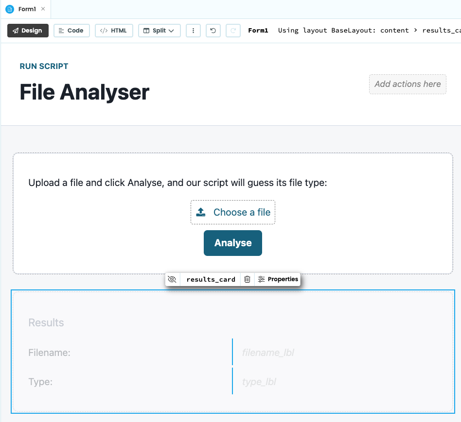 Form with a file loader, button, and results card