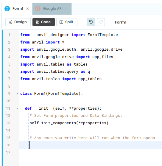 The location of code view in the Anvil Editor
