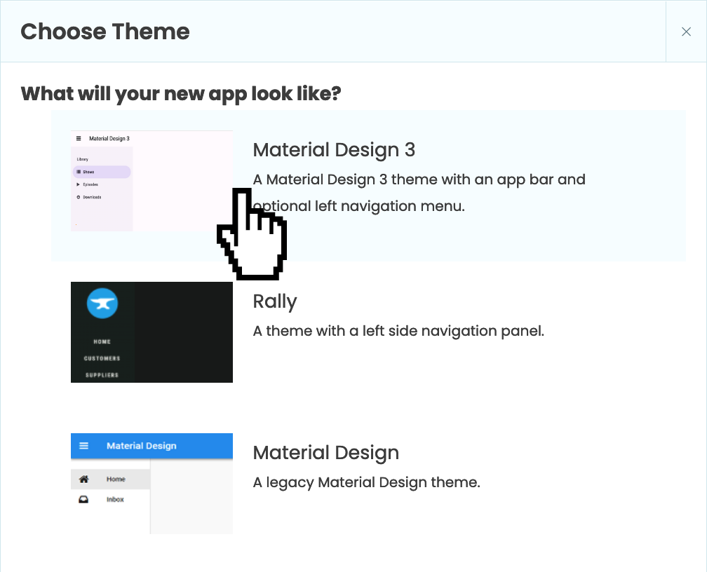 Modal for choosing what your page will look like.