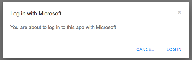 A modal entitled 'Log in with Microsoft' with Log In and Cancel buttons.