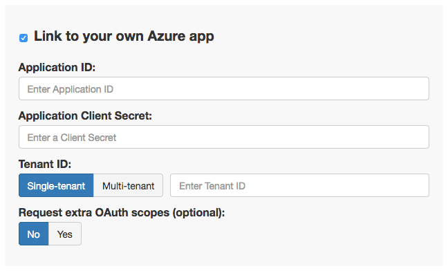 A section from the Microsoft API Service view with a 'Link to your own Azure app' checkbox and some text boxes to input some keys.