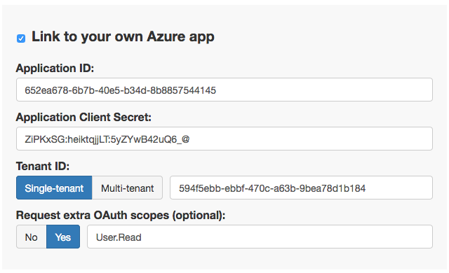 The same section from the Microsoft API Service view, with the User.Read scope requested.