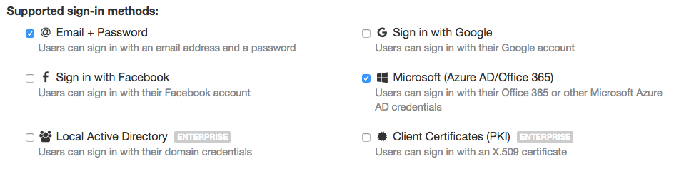 The Anvil Users Service view showing Email&Password, Sign in with Facebook, Sign in with Google, Microsoft, Local Active Directory and Client Certificates (PKI).