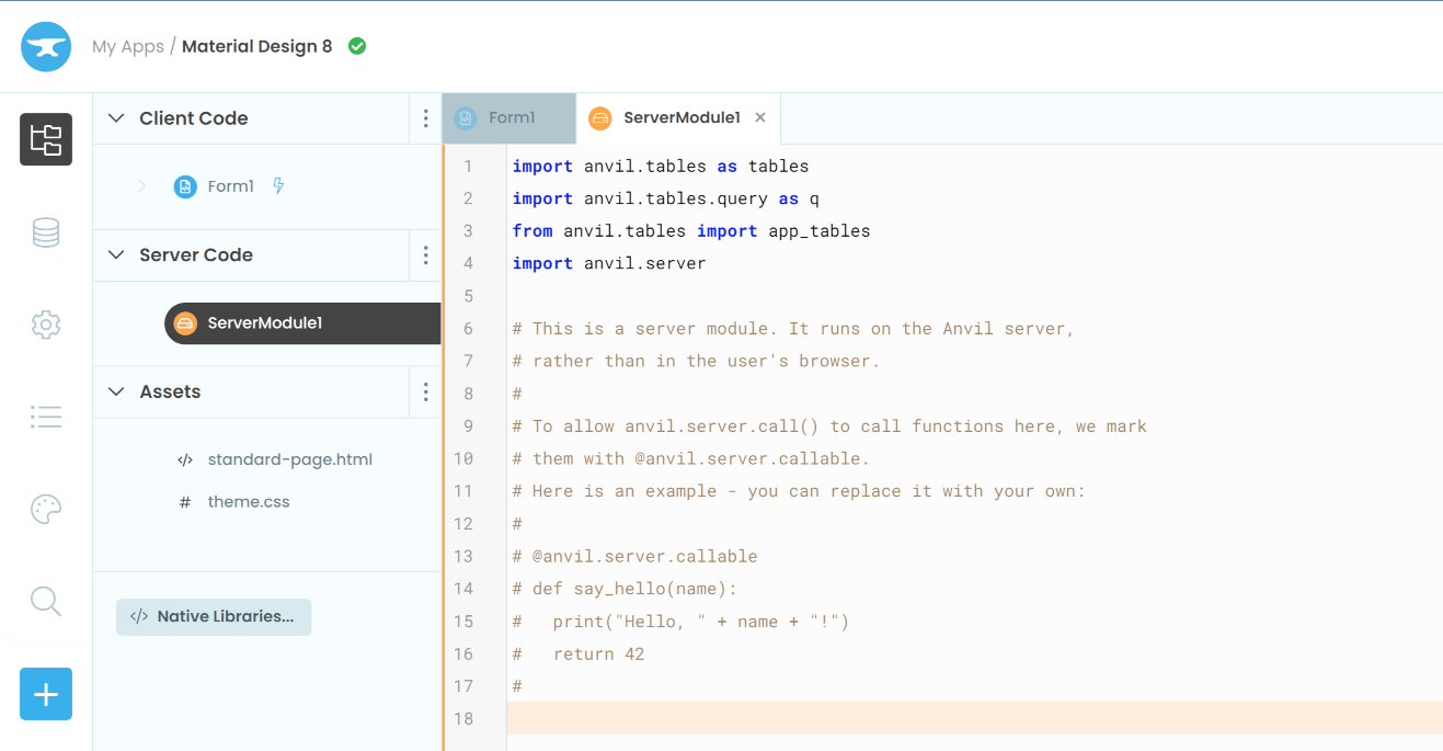 A screenshot of a new server module in the Anvil Editor.